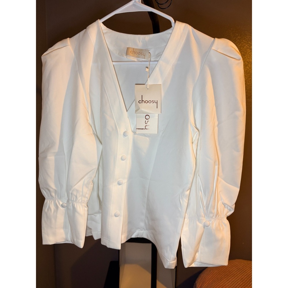Choosy Ivory Dressy Blouse‎ Womens XS V-Neck 3/4 Puff Sleeve Button Front NWT